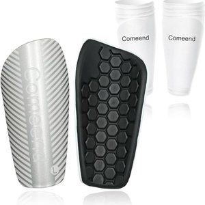 Comeend Soccer Shin Guards White & Silver Size M with Adjustable Ankle Straps